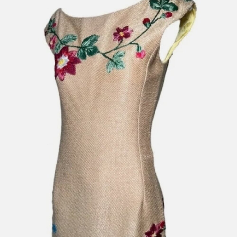 RARE MOSCHINO Couture Italian Moschino Woven Raffia Embroidered Midi Dress M